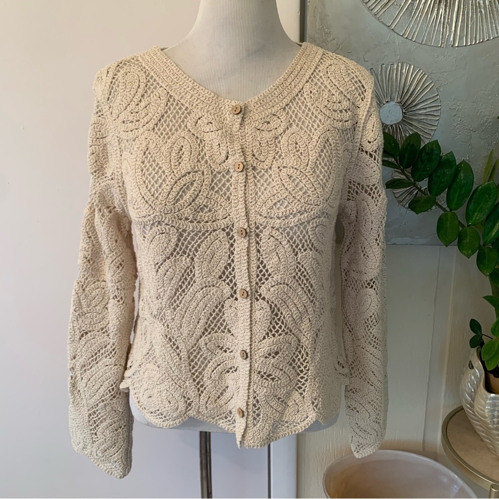 NWT Ultra Pink Crochet Button Front Boho Hippie Long Sleeve Cardigan Size XL